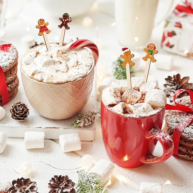 120Pcs Christmas Coffee Stirrers Gingerbread Man Stir Sticks Xmas Wooden Drink Stirrers Disposable for Home Office Bar Restaurant Party Supplies