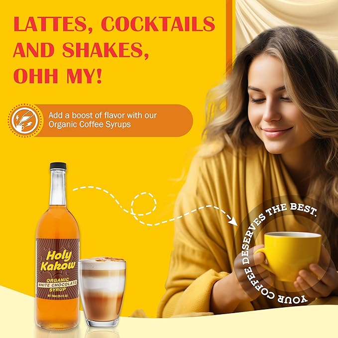 Holy Kakow Organic White Chocolate Syrup - Coffee Syrup, White Mocha Syrup, Organic Syrup for Coffee, White Chocolate Mocha Syrup, Coffee Flavoring Syrup, Add to Latte, Cocktail or Shake - 750ml