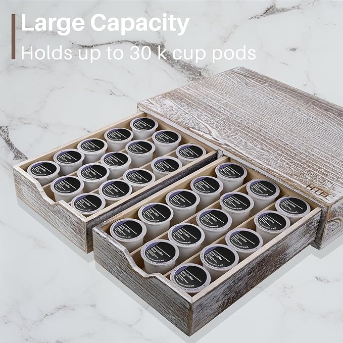 HTB K Cup Holder Compatible with K Cups, Coffee Pod Holder Holds Up 30 Cups, K Cup Organizer Storage Drawer Wood K Cup Drawer Vintage White