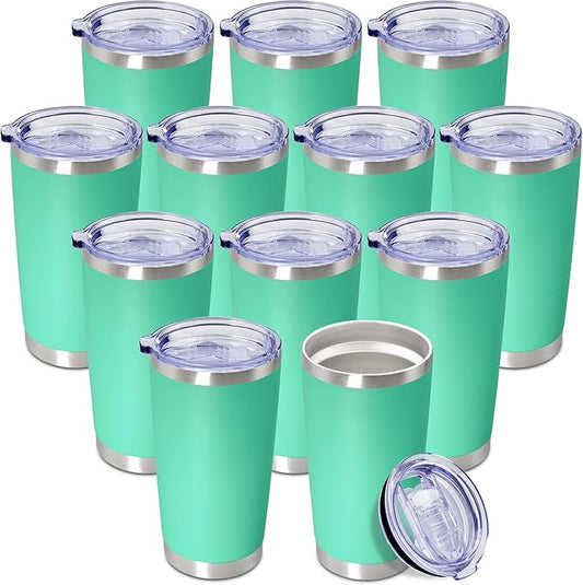 20 oz Tumbler Coffee Travel Tumblers Bulk with Lid Stainless Steel Double Wall Vacuum Insulated Mug Powder Coated Cups fit Car Cupholder for Hot and Cold - Light Blue, 12Pack