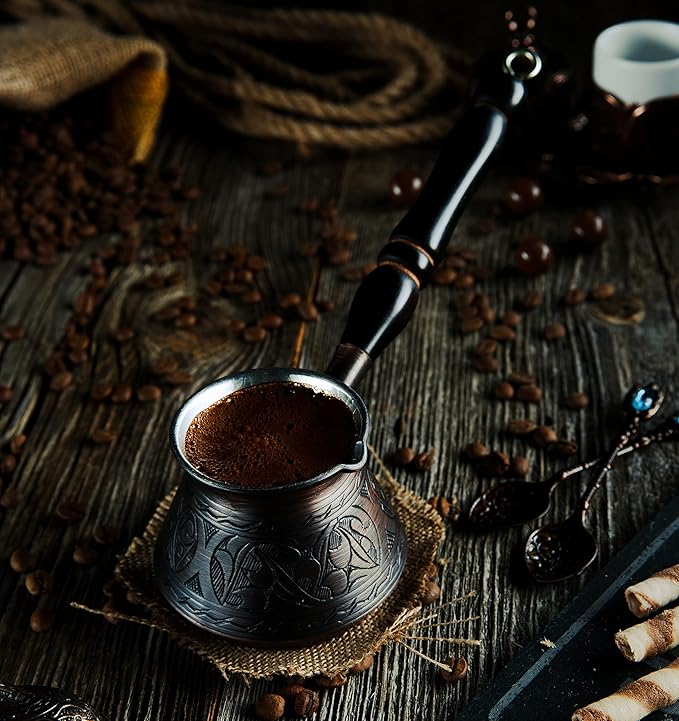 DEMMEX Thickest Copper Turkish Greek Arabic Coffee Pot, Stovetop Coffee Maker, Cezve Ibrik Briki with Wooden Handle & Spoon, Hand Engraved (Antique Copper, 9 Ounces)