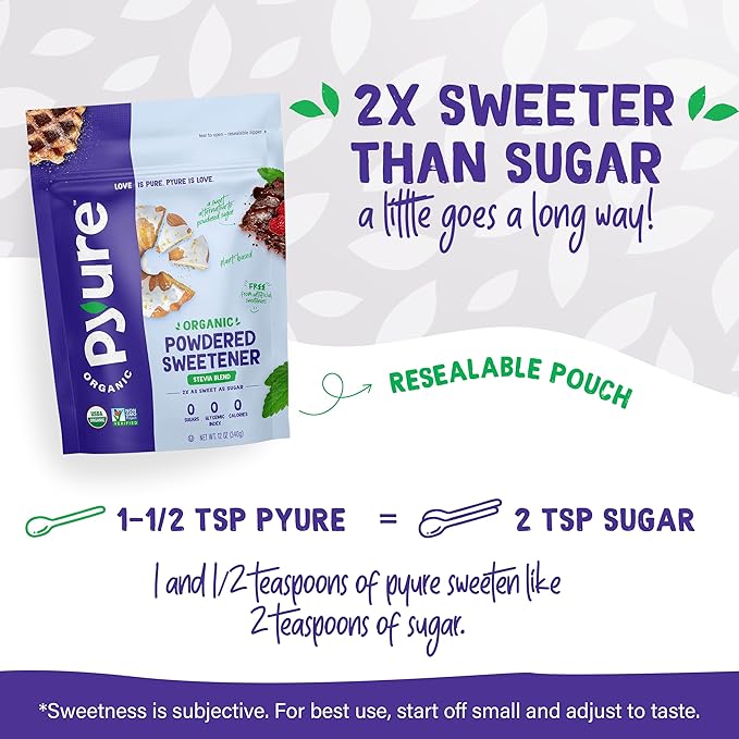 Pyure Organic Powdered Sweetener | Sugar-Free Confectioners Sugar Substitute for Baking | Keto, Gluten-Free, Zero Calorie, Zero Carb, Plant-Based Stevia Blend | 12 oz