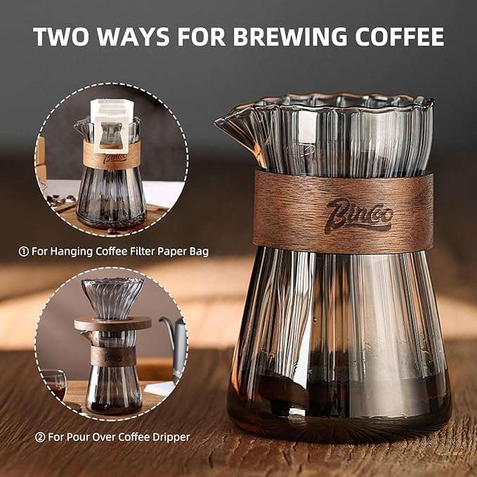 Small Glass Coffee Server 16oz - Glass Pour Over Coffee Carafe Coffee Maker with Heat-Resistant Wood Ring, Mess-free Pouring
