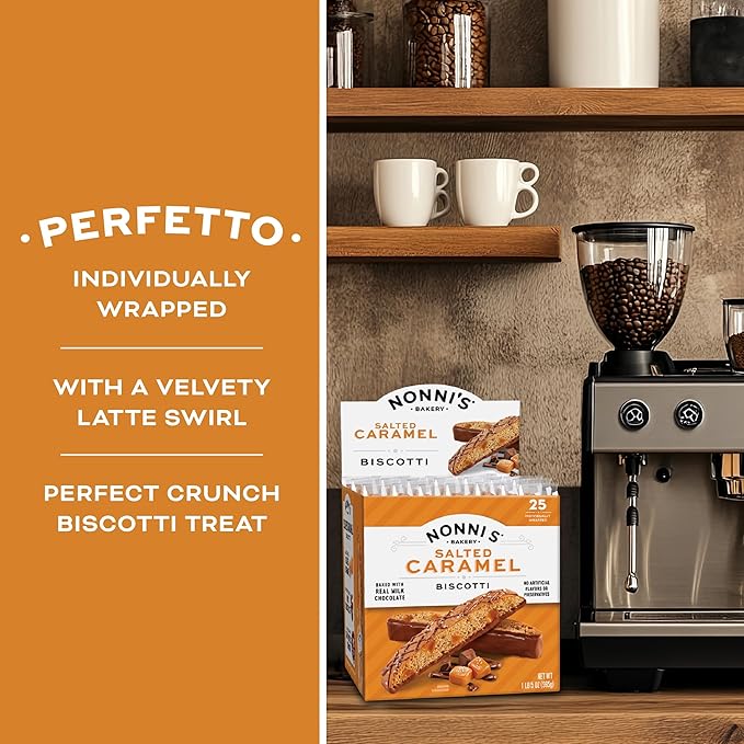Nonni's Salted Caramel Milk Chocolate Biscotti Cookies — Individually Wrapped Italian Coffee Snack, Crunchy Twice-Baked, 90 Cal Each, 21 oz Carton, 2 Pack