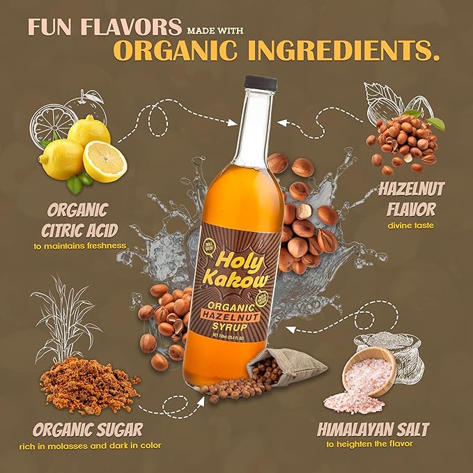 Holy Kakow Cafe Organic Hazelnut Syrup - Hazelnut Coffee Syrup, Organic Syrup for Coffee, Latte, Cocktail and Shake, Real Food Ingredients - 750ml