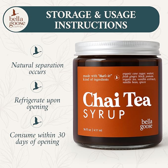 Bella Goose Chai Tea Syrup for Coffee (16oz) - Homemade Chai Tea Latte Syrup with Pure Cane Sugar, Vanilla & Spices - Clean Ingredient - No Artificial Flavors, Oils or Dyes Syrups for Coffee Drinks