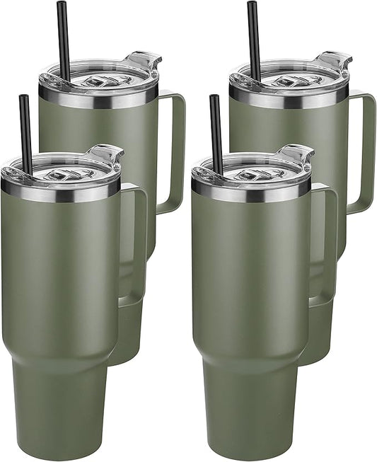 HASLE OUTFITTERS 40 oz Stainless Steel Tumbler with Handle, Vacuum Insulated Tumblers Bulk, Reusable Double Wall Travel Coffee Mug, Durable Powder Coated Water Bottles(Army Green, 4)