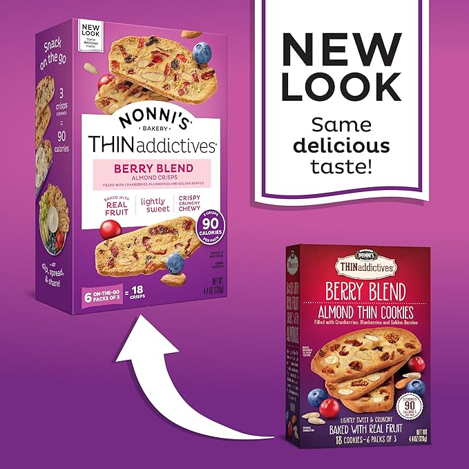 Nonni's THINaddictives Almond Thin Cookies - 6 Boxes Berry Blend Almond Cookies - Almond Cookie Thins w/Cranberries Blueberries Goldenberries Raisins Sunflower Seeds - Kosher - 4.4 oz