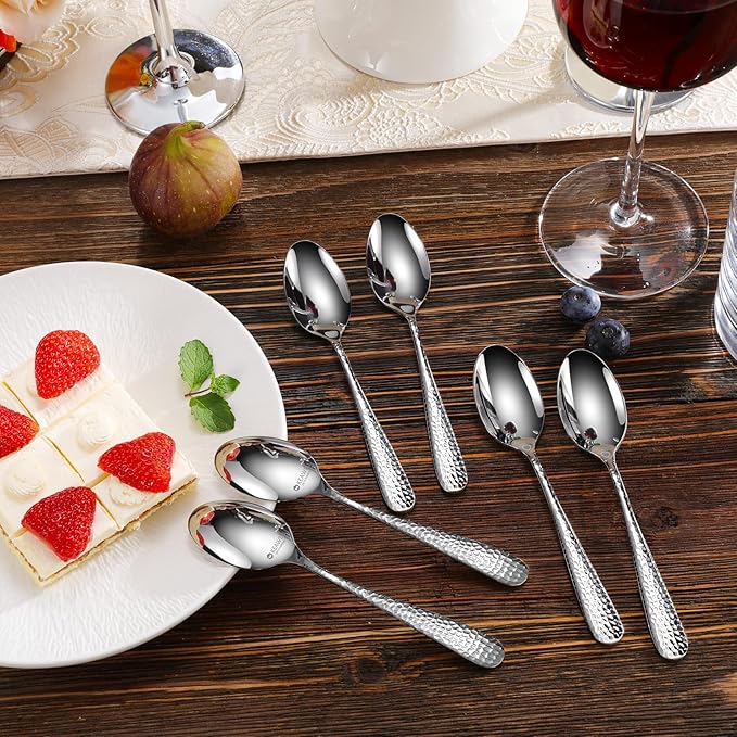KEAWELL Premium Louise Hammered Demitasse Espresso Spoons: 6-Piece/12-Piece Set, 18/10 Stainless Steel, Mini Coffee Spoons, Small Spoon Set, Brightly-Mirror polished, Dishwasher Safe (12, 5.6 inches)