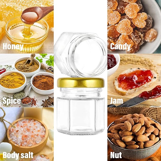 Mini Glass Honey jars with Lids-1.5oz,48 pack Honey Jars,Small Honey Jar with Dipper,Thank You Tags,Jutes Rope,Empty Glass Jars for Jams,Baby Shower, Wedding Favors, Party Favors