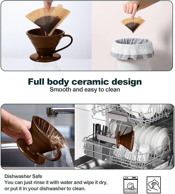 Pour Over Coffee Dripper - Ceramic Pour Over Coffee Maker Cone, Porcelain Coffee Drip, Pour Over Single Cup, Manual Brew Maker for Home, Cafe, Office - 1-4Cup, V60 Size 02 (Brown)