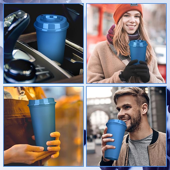 Domensi 15 Pack Reusable Coffee Cups with Lids 16 oz Disposable Travel Cups Bulk Plastic to Go Coffee Tumblers for DIY Hot Cold Drink Party Favors Coworker, Microwaveable (Navy Blue)