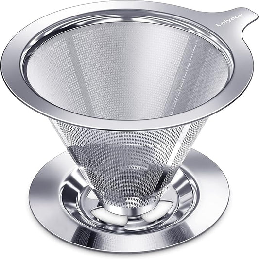 Pour Over Coffee Dripper, Slow Drip Paperless Coffee Filter, Stainless Steel Pour Over Coffee Maker for Single Cup Brew, Double Mesh Design of Manual Reusable Cone Filter.