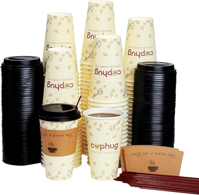 Cuphug 100 Pack 16 oz Coffee Cups with Lids, To Go Paper Cups with Sleeves and Stirring Sticks, Insulated Disposable Coffee Cups for Hot/Cold Drinks
