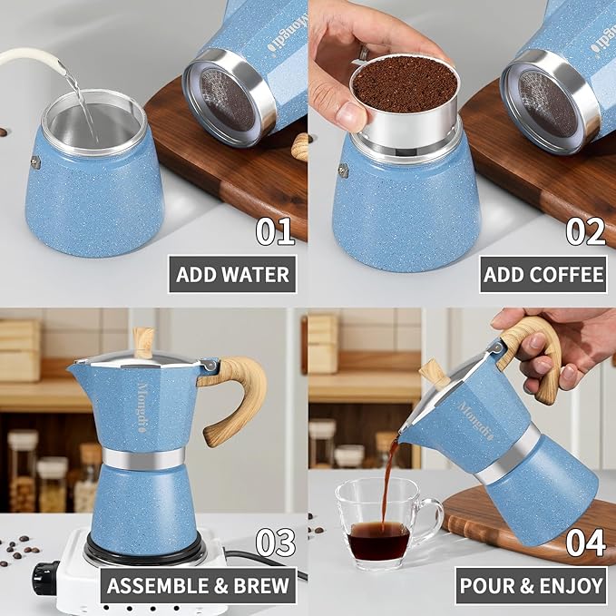 Mongdio Stovetop Espresso Maker Moka Pot, Cuban Coffee Maker Stove top coffee maker Moka Italian Espresso Greca Coffee Maker Brewer Percolator, 12 Espresso Cups, 20 oz - Blue