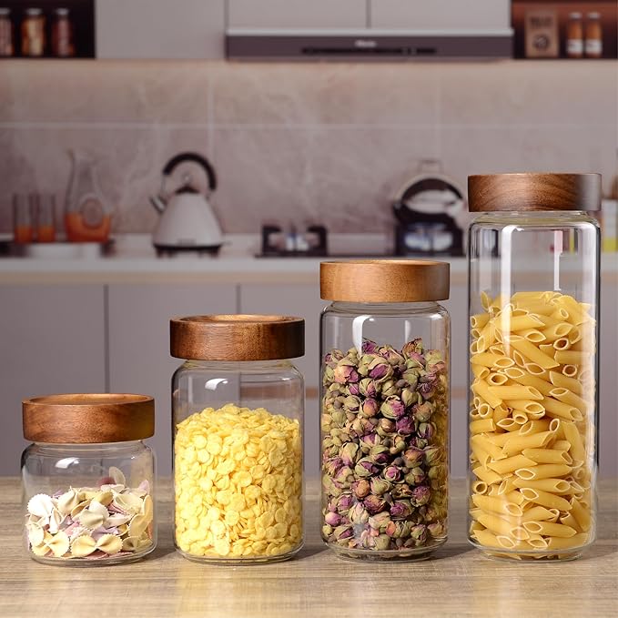 30 oz/900 ml Glass Jar with Airtight Wooden Screw Top Lid, Clear Stackable Food Storage Canister, Large Tall Decorative Glass Container for Coffee, Candy, Cookie, Sugar, Oatmeal, Salt, Pasta