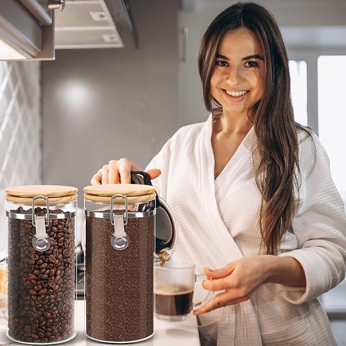 Glass Storage Jars Set Elegant Containers with Airtight Bamboo Lids, Perfect for Kitchen Organization - Flour, Rice, Pasta, Sugar, Coffee Beans, Accessories Included (Coffee Jar x 2)