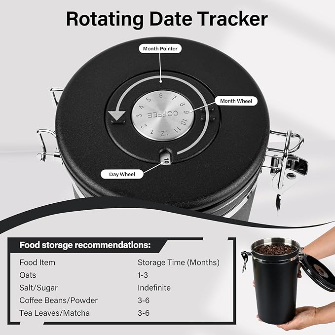 Coffee Canister Set of 3, Airtight Coffee Container with Date Tracker Lid, Stainless Steel Canister for Kitchen Food Storage (Black, 180oz)