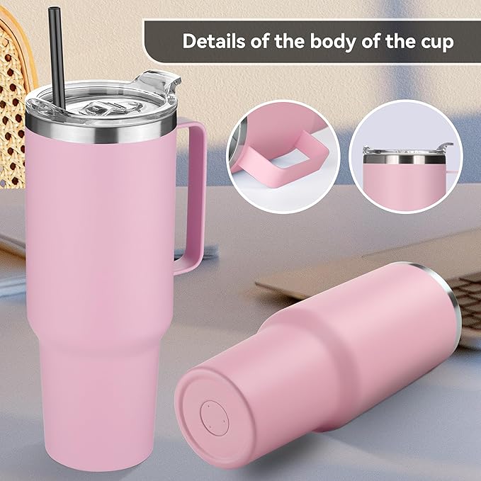 HASLE OUTFITTERS 40 oz Stainless Steel Tumbler with Handle, Vacuum Insulated Tumblers Bulk, Reusable Double Wall Travel Coffee Mug, Durable Powder Coated Water Bottle(Pink, 1)