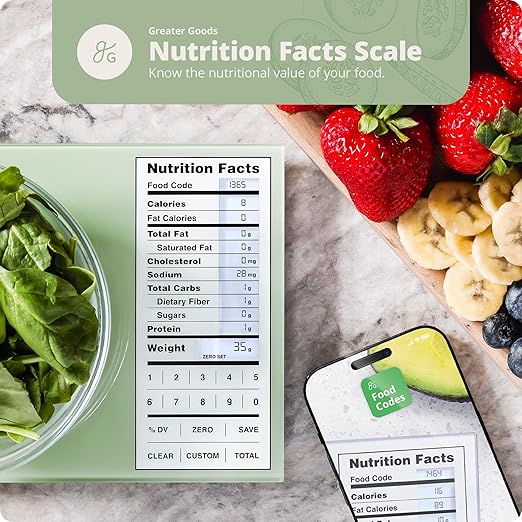 Greater Goods Nutrition Scale (Non‑Connected) – Food Grade Glass, 2,000 Food Codes Preloaded, Compact (9.33"x6.02"x0.91") for Portion Control & Meal Prep
