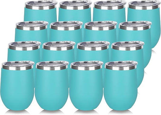 DOMICARE Stainless Steel Wine Tumbler Bulk with Lid, Personalized Insulated Tumblers Set, 12oz Travel Coffee Cups Pack of 16, Light Blue