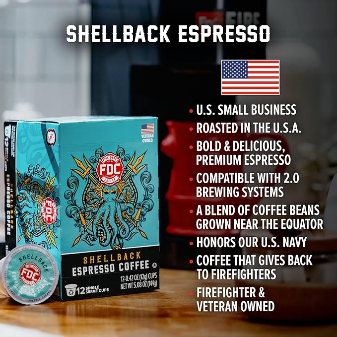 Fire Department Coffee - Gives Back to Firefighters - Shellback Espresso Coffee Pods - Bold & Smooth - Roasted in the USA - Premium Espresso K Cups - Veteran Owned - 24 Single Pods