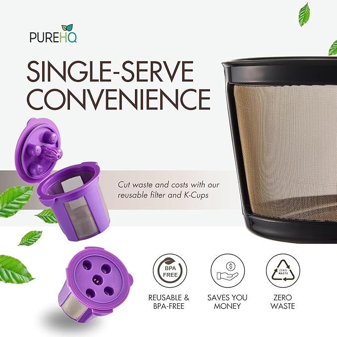 Reusable Mesh Coffee Filter Basket for Keurig K Duo Coffee Maker (Gen 2) and Keurig K-Duo Essentials, With 2 Refillable K Cups Pod by PureHQ - Gold Tone Carafe Replacement Filter - Value Pack