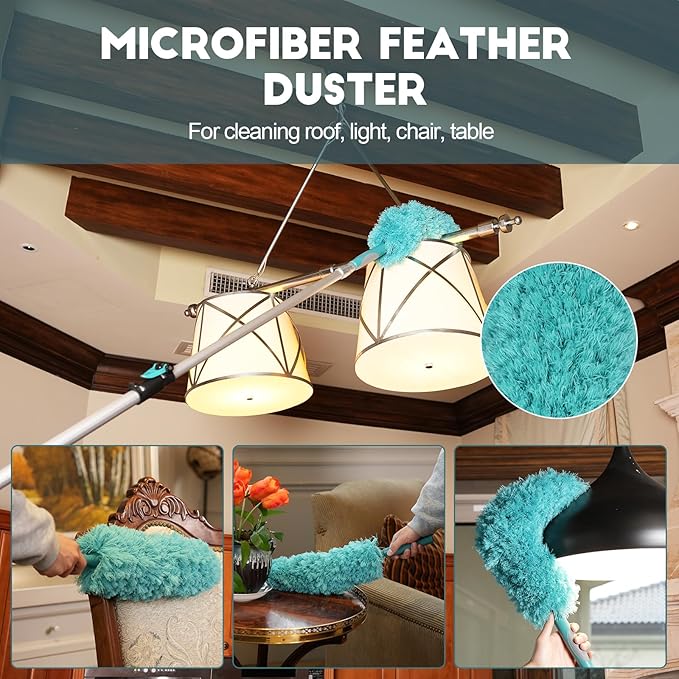 36 Foot High Reach Duster Kit with 7-30FT Extension Pole High Ceiling Dusting and Window Cleaning Kit with Telescopic Pole Window Washer&Squeegee,Cobweb Duster,Fan Duster and Feather Duster