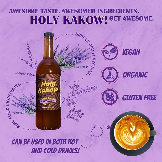 Holy Kakow Cafe Organic Lavender Syrup - Lavender Coffee Syrup, Organic Syrup for Coffee, Latte, Cocktail and Shake, Real Food Ingredients - 750ml