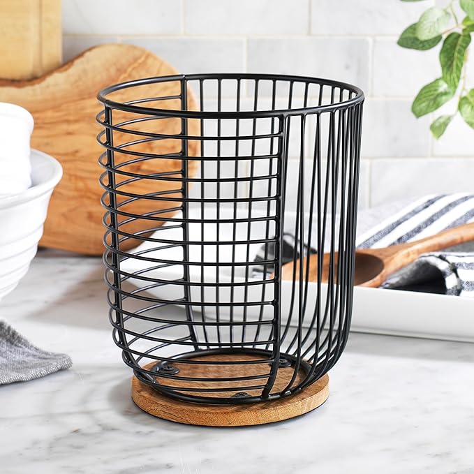 Coffee Pod Holder -Black Wire K Cup Storage with Wooden Base - Large Capacity Slim Design - Modern Coffee Basket Decor for Kitchen Countertop for Keurig Kcups & Espresso Capsules