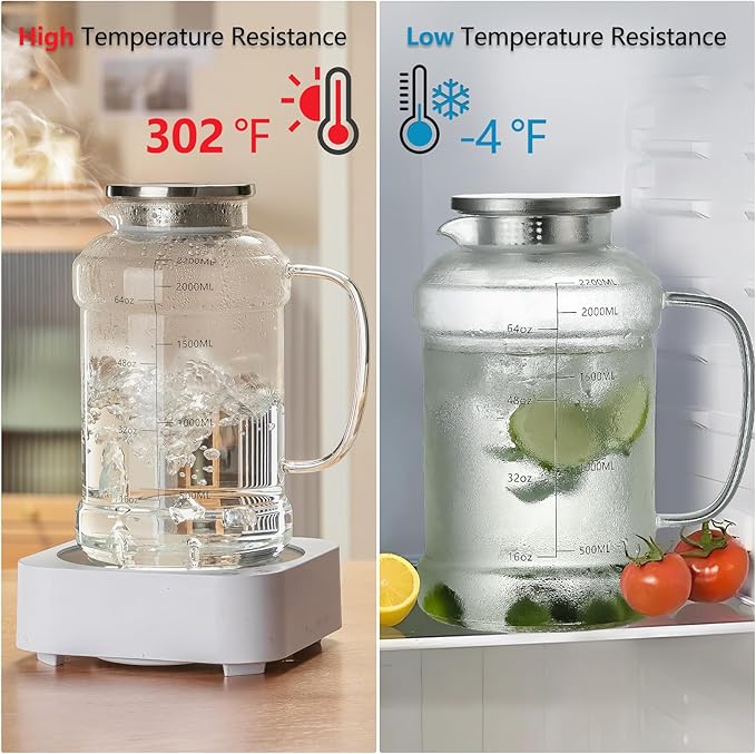 Glass Pitcher with Lid, 2 PACK 74 oz/2.2L Water Pitcher, Clear Borosilicate Glass Water Carafe for Cold Brew, Coffee, Lemonade, Iced SunTea,Beverage, Heat Resistant Water Glass Jug