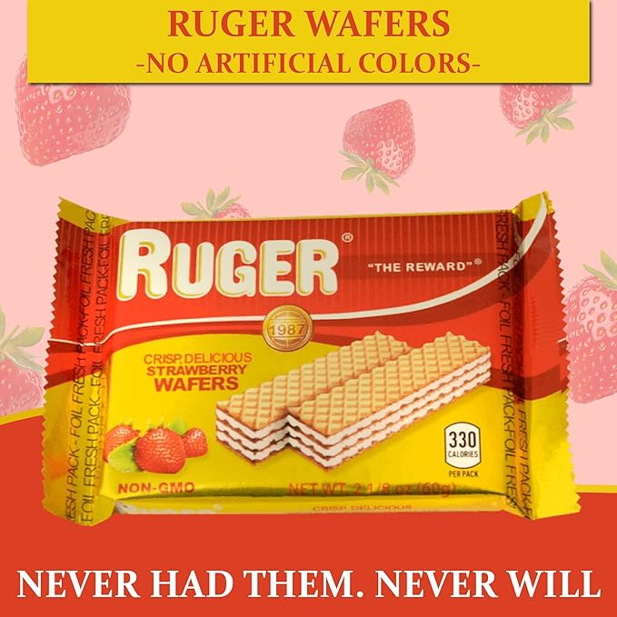 Ruger Wafers Austrian Strawberry Wafers, 2.125 Ounce (Pack of 12) - Delightfully Crisp and Creamy Strawberry Treats with Natural Ingredients and Extended Freshness, Ideal for Snacking, Desserts, and Anytime Enjoyment