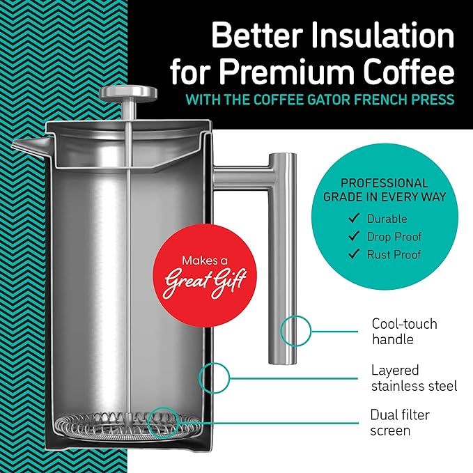 Coffee Gator 304 Grade Stainless Steel French Press Coffee Maker 34 oz, Double Wall Insulated Hot Cold Brew Teapot with 4-Level Filtration System, Include Travel Jar Canister, Rust-Free, Travel, Black