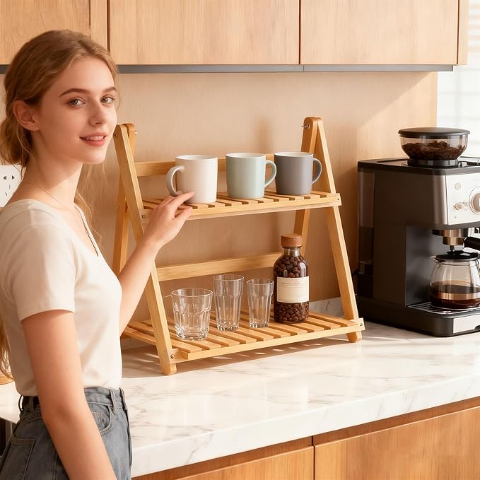 Coffee Station Organizer, Matcha Station, Foldable Bamboo Mug Holder for Countertop, Tea & Coffee Bar Accessories, 2 Tier Shelf for Kitchen Counter Organizer, Matcha Stand, Spice Rack