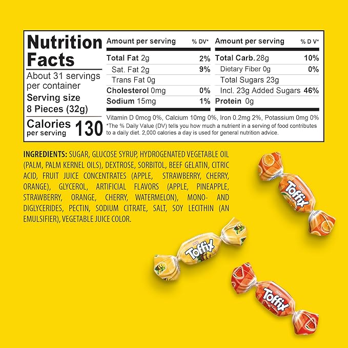 Toffix, Fruit Chews, Center-Filled Soft Fruit Chews Candy Individually Wrapped Snacks, Orange, Strawberry, Pineapple, Watermelon & Apple, Fruity Flavored Chewy Candies, 2.2 Pound Bulk Bag, Pack of 8
