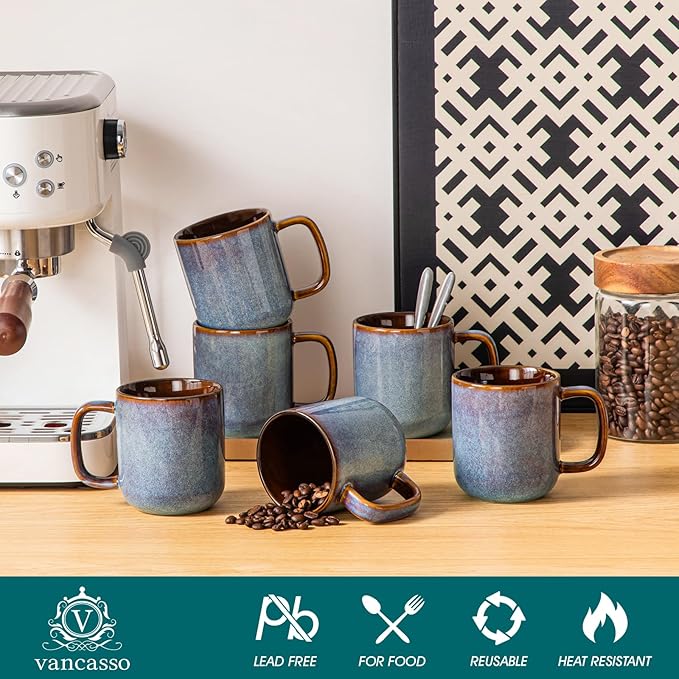 vancasso Coffee Mugs Set of 6, 12 Oz Ceramic Coffee Cups with Handle, Ceramic Unique Glaze Coffee Cup for Cappuccino, Latte, Tea, Cocoa, Dishwasher & Microwave Safe Gift Sets, Blue, Series ONION