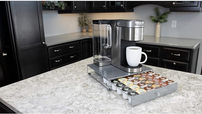 Nifty Coffee Pod Drawer - Silver Finish, Compatible with K-Cups, 36 Pod Pack Holder, Non-Rolling, Compact Under Coffee Pot Storage Sliding Drawer, Slim Home Kitchen Counter Organizer