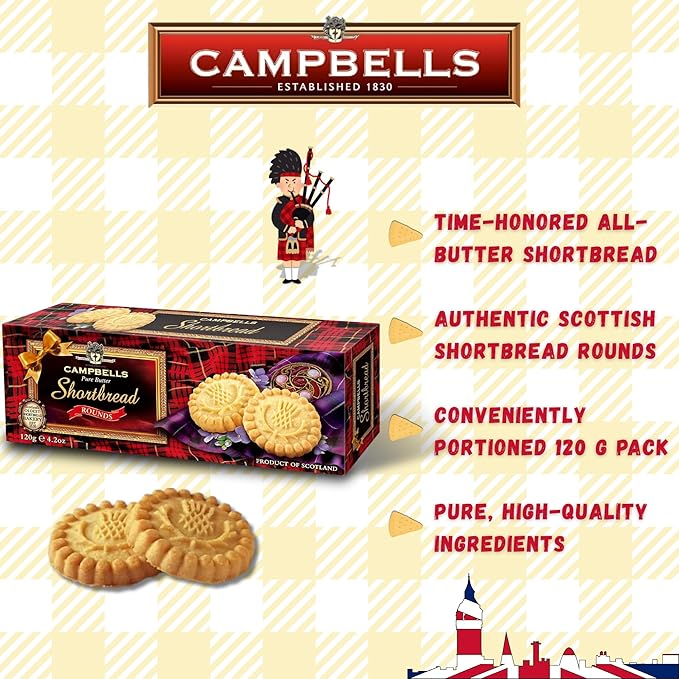 Campbells Shortbread Pure Butter Rounds 4.23 Oz (120g) - Traditional Scottish Shortbread Cookies from Scotland, Gourmet English Tea Biscuits, Imported British Butter Cookies for Gifting
