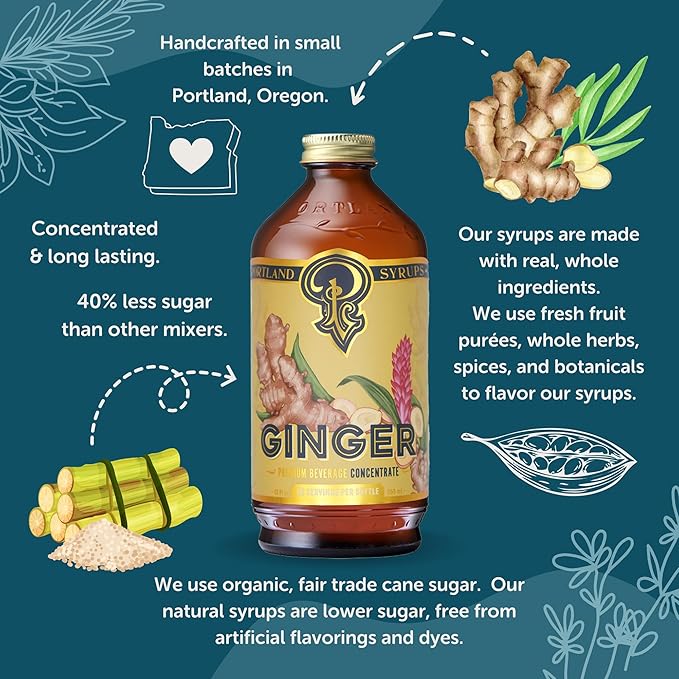 Portland Syrups Authentic Ginger Syrup - Intense Ginger Flavor with Slightly Hot Finish - Beverage Concentrate for Mocktails, Cocktails, Lattes, & Baking - 12 oz Bottle, 24 Servings (Pack of 2)