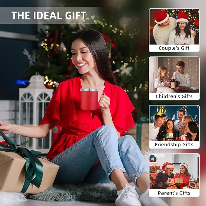 Volhoply 14oz Insulated Stainless Steel Coffee Mug with Lid Bulk 2 Pack,Double Wall Vacuum Travel Coffee Cup with Handle,Reusable Cups Tumbler,Camping Mugs Keep Hot/Cold,Ideal Gifts(Red,2)