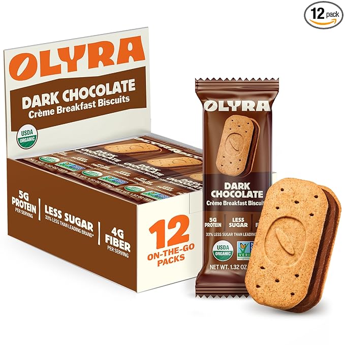 Olyra Dark Chocolate Sandwich Breakfast Biscuits, Healthy Snacks for Kids and Adults, Low Sugar, High Fiber Cookies, Organic Kids Snacks, with Ancient Greek Grains, USDA Certified Organic, Non GMO, 12 Packs