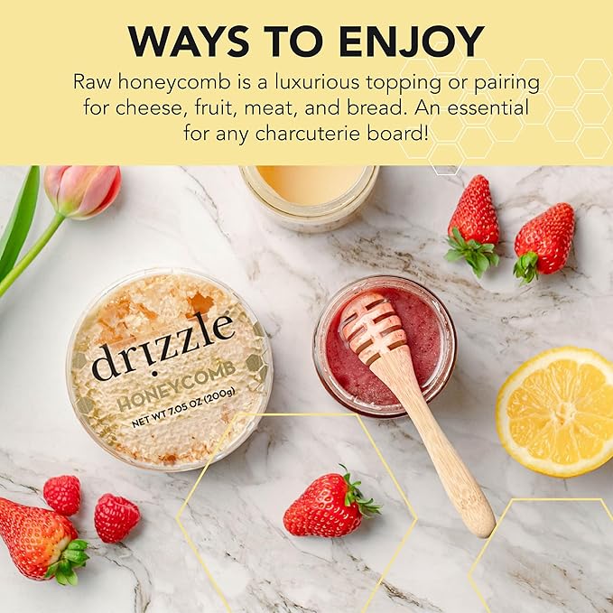 Drizzle Honeycomb - Raw All Natural Honey Comb, Edible Topping for Charcuterie, Unfiltered & Unheated, Pair with Cheese, Meat, Fruit, or Bread, Certified Kosher - 7.05 oz (200 g)