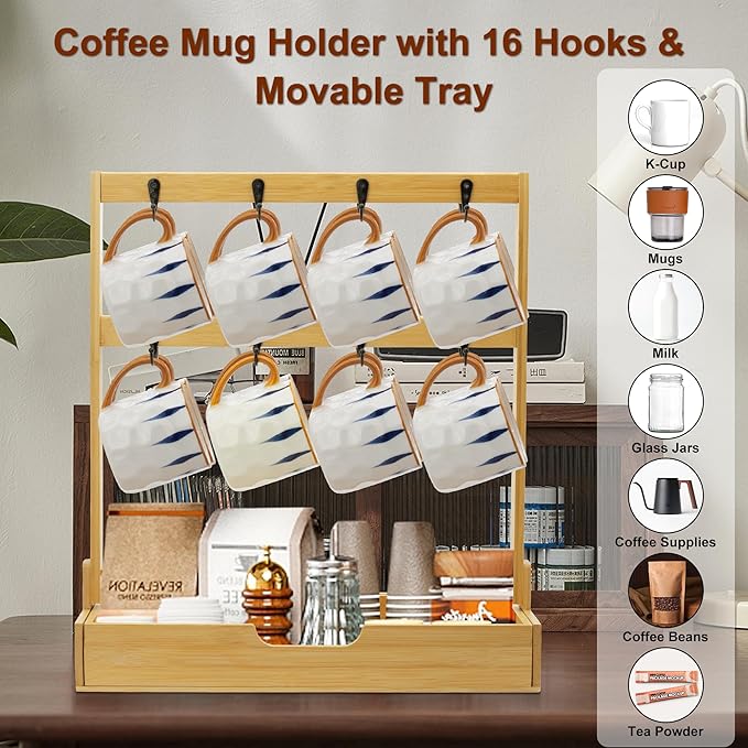 Coffee Mug Holder for Counter Top with 16 Hooks, 2 Tier Coffee Mugs Tree with Coffee Pod Drawer, Bamboo Countertop Mug Rack Shelf, Cups Organizer Stand for Home Coffee Bar Kitchen Storage Display