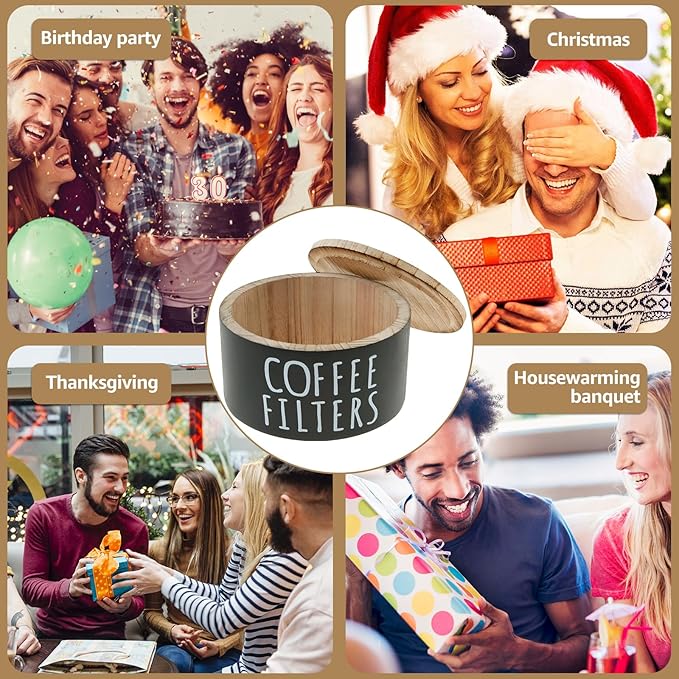 Wooden Coffee Filter Holder & Storage Organizer - Large Capacity Rustic Coffee Filter Dispenser with Bamboo Lid, Multipurpose Coffee Pod & Filter Basket for Bar Counter, Kitchen, or Coffee Bar Decor