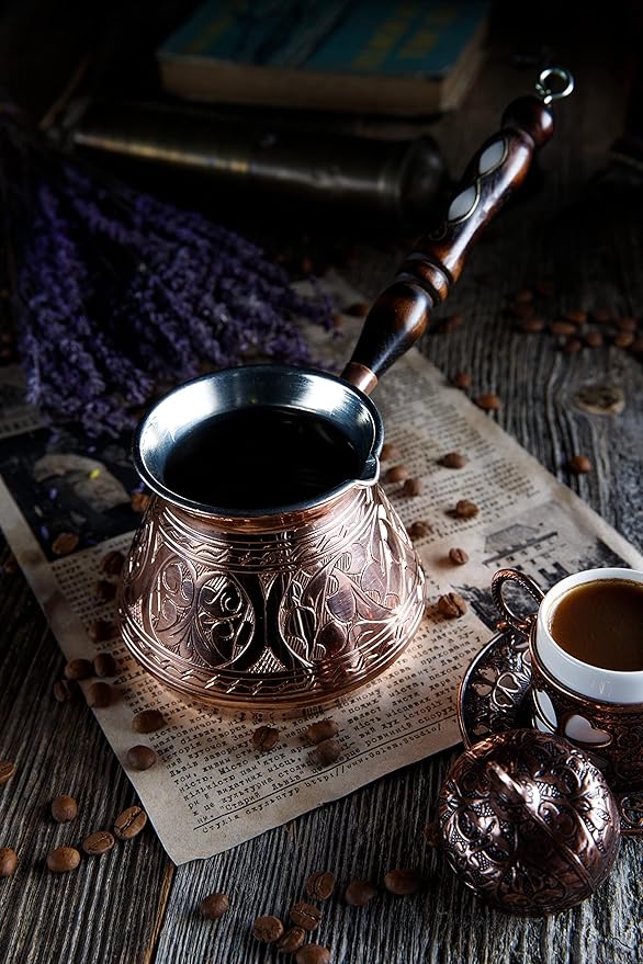 DEMMEX 15 Oz Thickest Copper Turkish Greek Arabic Coffee Pot, Stovetop Coffee Maker, Cezve Ibrik Briki with Wooden Handle & Spoon, Hand Engraved (Copper, 6 Servings)