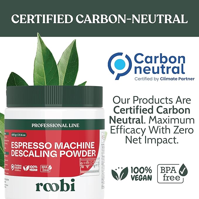 Roobi Professional Espresso Machine Descaling Powder. Carbon Neutral Espresso Descaler Powder. Up to 21 uses, 600gr.