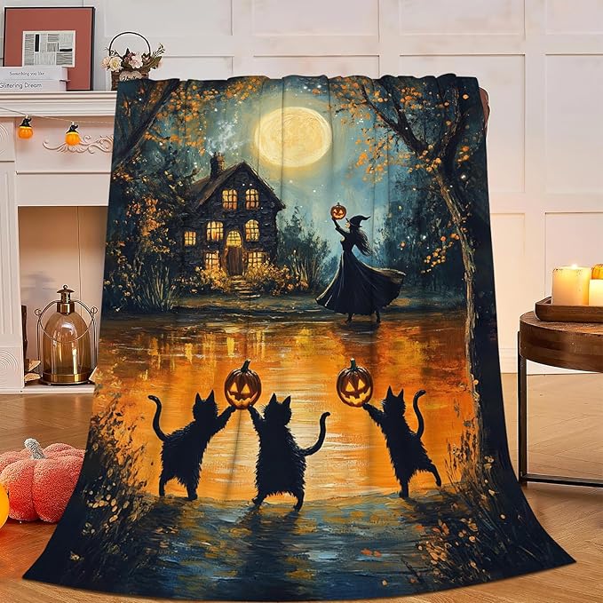 Halloween Cat Blanket, Pumpkin Black Cat Fleece Flannel Throw Blanket, Witch Soft Lightweight Stuff Throws Gifts for Women Men Boys Girls Lovers Adults Lovers Sofa Decor 80"x60"