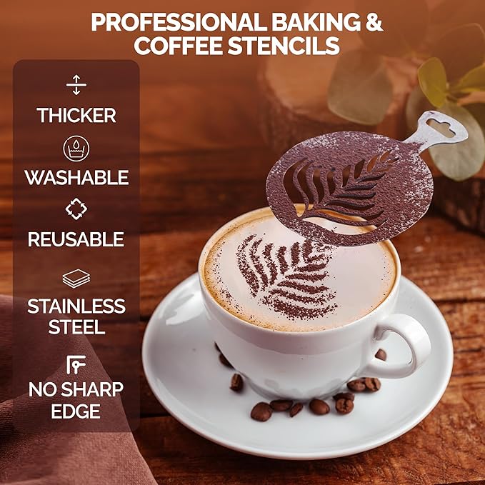 3Pcs Stainless Steel Reusable Metal Coffee Stencils for Latte Art Coffee Decorating Kit - Cookie Stencils for Royal Icing - Metal Baking Stencil Christmas- Cake Decorating Kit