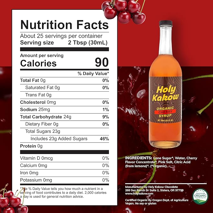Holy Kakow Cafe Organic Cherry Syrup - Cherry Syrup, Coffee Syrup, Organic Syrup for Coffee, Cherry Syrup for Coffee, Add to Latte, Cocktail and Shake, Real Food Ingredients, Specific Flavor - 750ml
