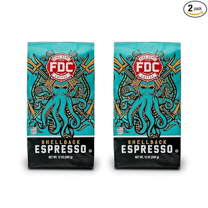 Fire Department Coffee - Gives Back to Firefighters - Shellback Espresso Coffee Beans - Bold & Smooth - Roasted in the USA - Premium Espresso - Veteran Owned (12 oz, Pack of 2)